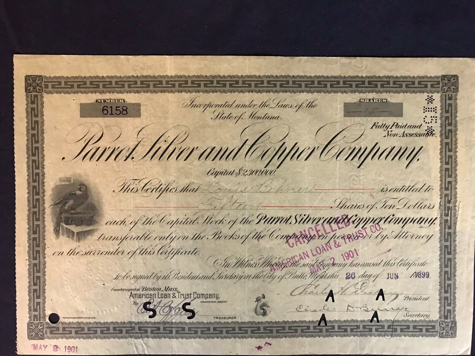 Vintage 1899 Parrot Silver and Copper Company Certificate