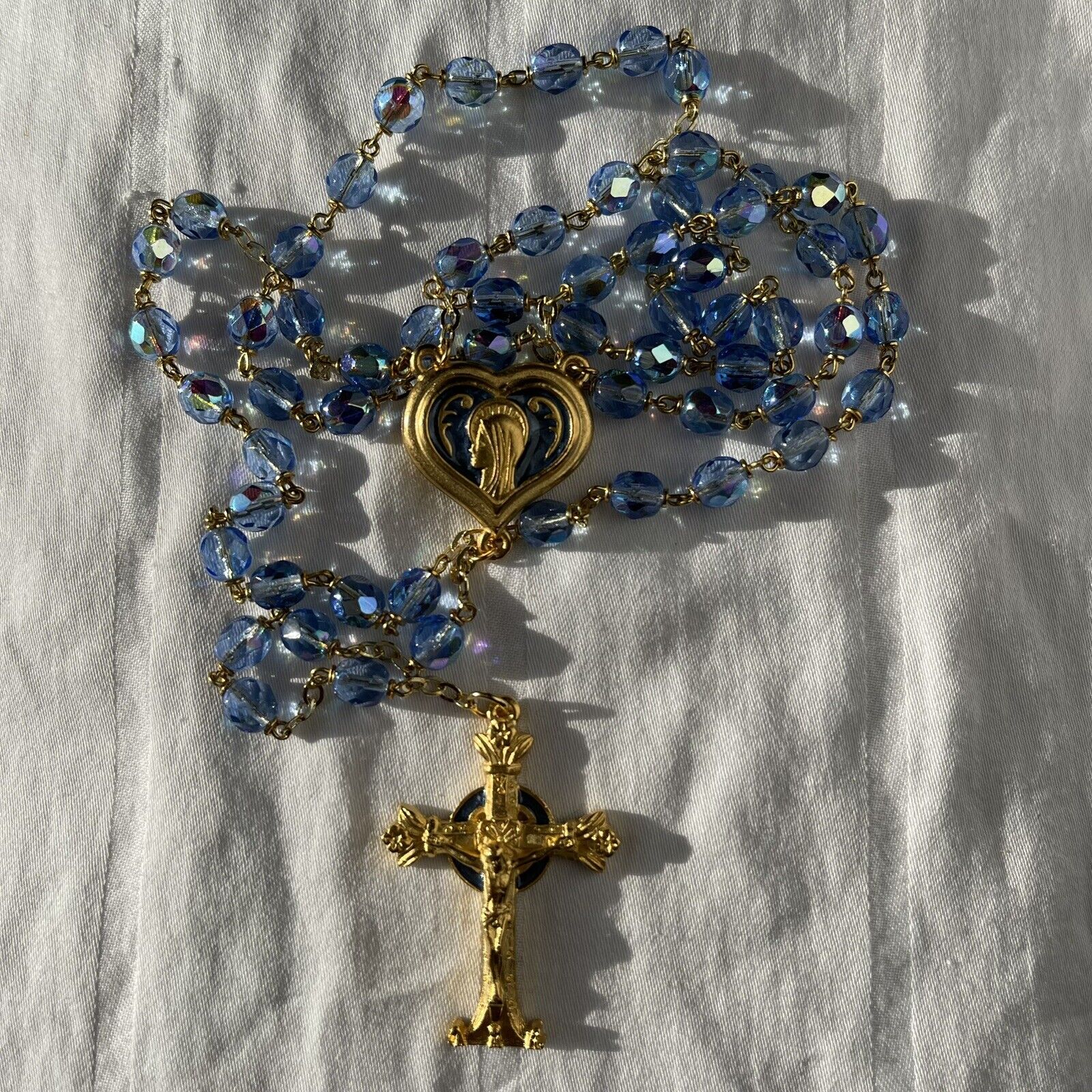 Rosary Celtic Crucifix, Multi-Faceted Blue Glass Beads, Gold Tone Hardware
