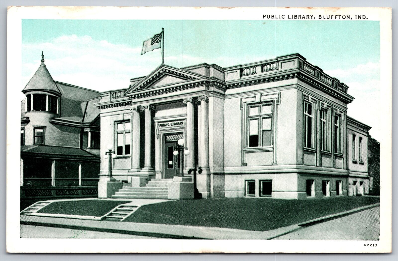 Bluffton Indiana~Public Library~Flag on Roof~1920s Postcard