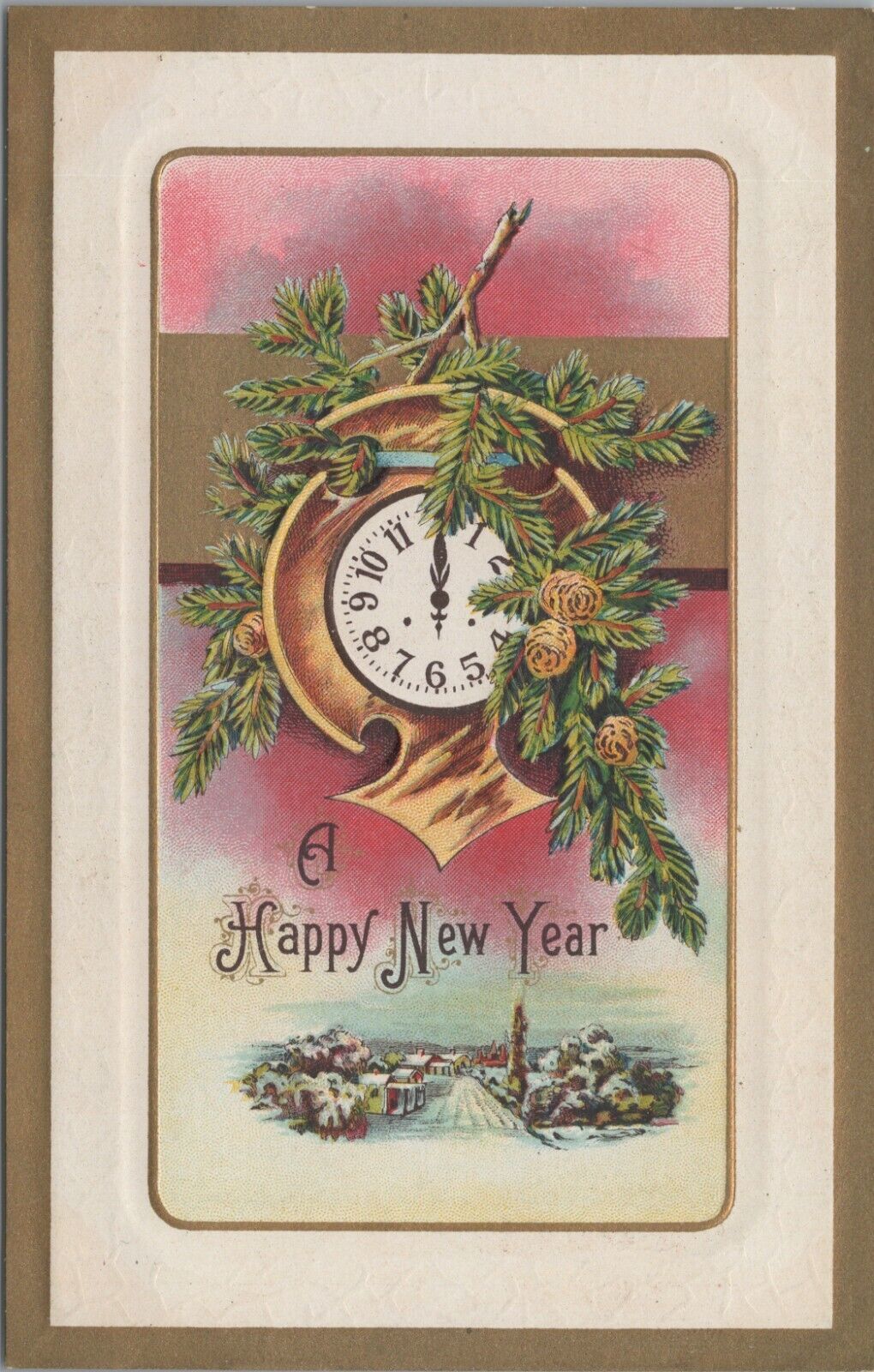 c1910s New Year Winsch back clock pine branches gilt embossed postcard A829