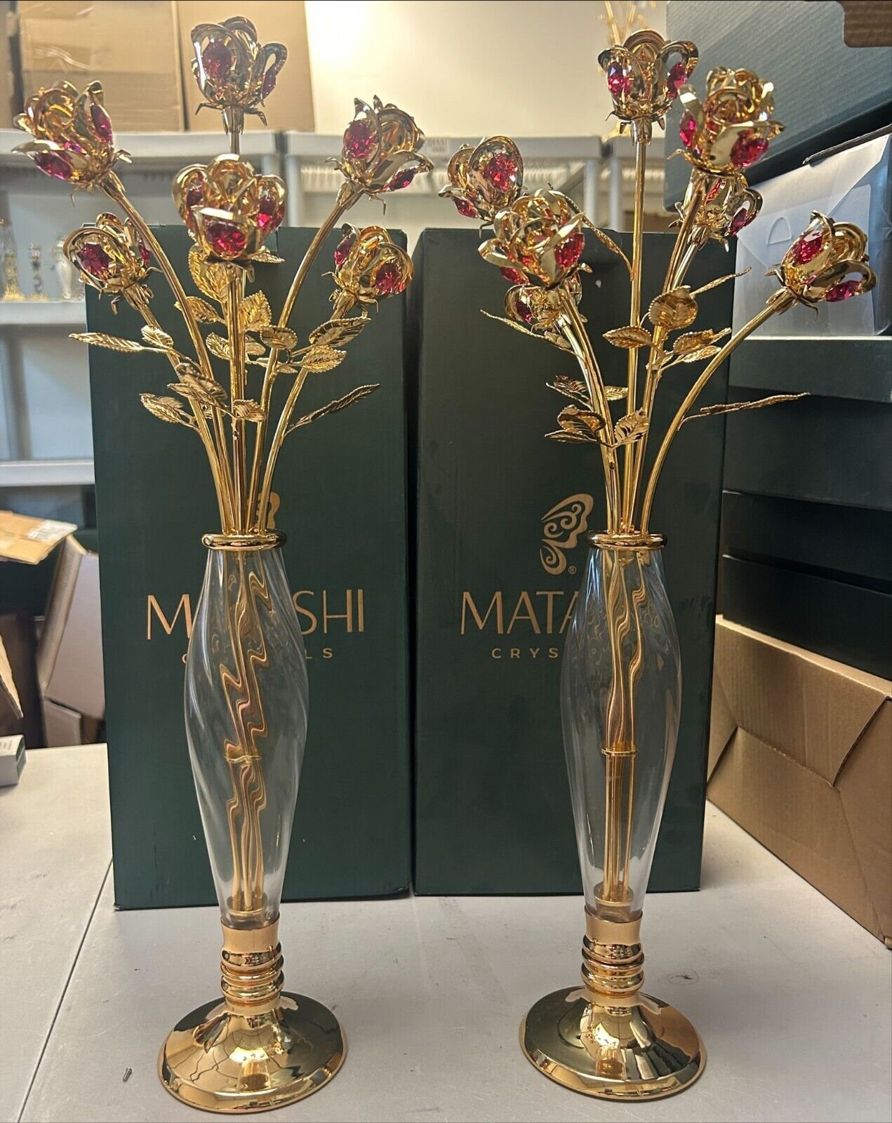 (Pack of 2) Matashi 24K Gold Dipped Crystal Studded Rose Bouquet in Elegant Vase