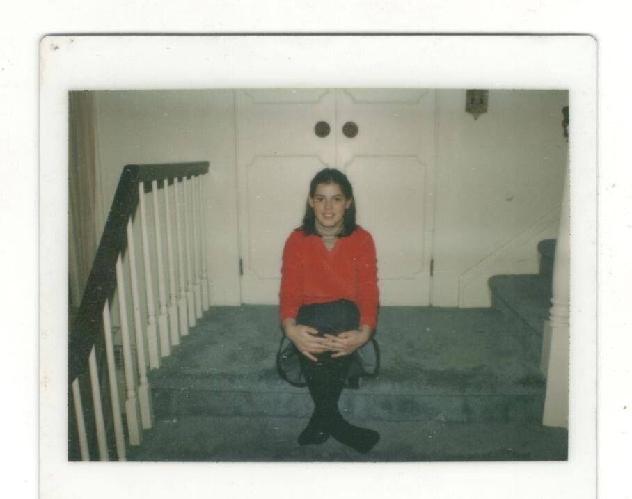 Vintage Kodak Instant Photo Pretty Girl Posing On Rug Stairs 1980\'s R160E