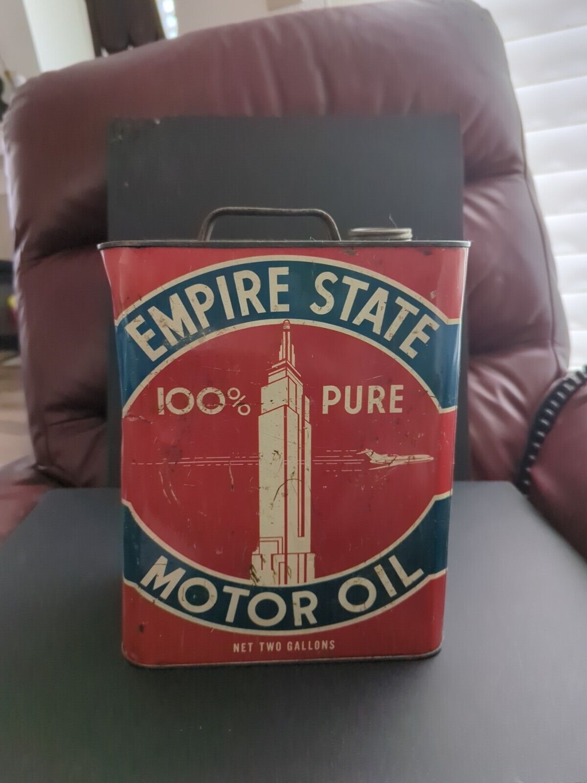 Vintage EMPIRE STATE Motor Oil 2 gallon Advertising Can with no cap.