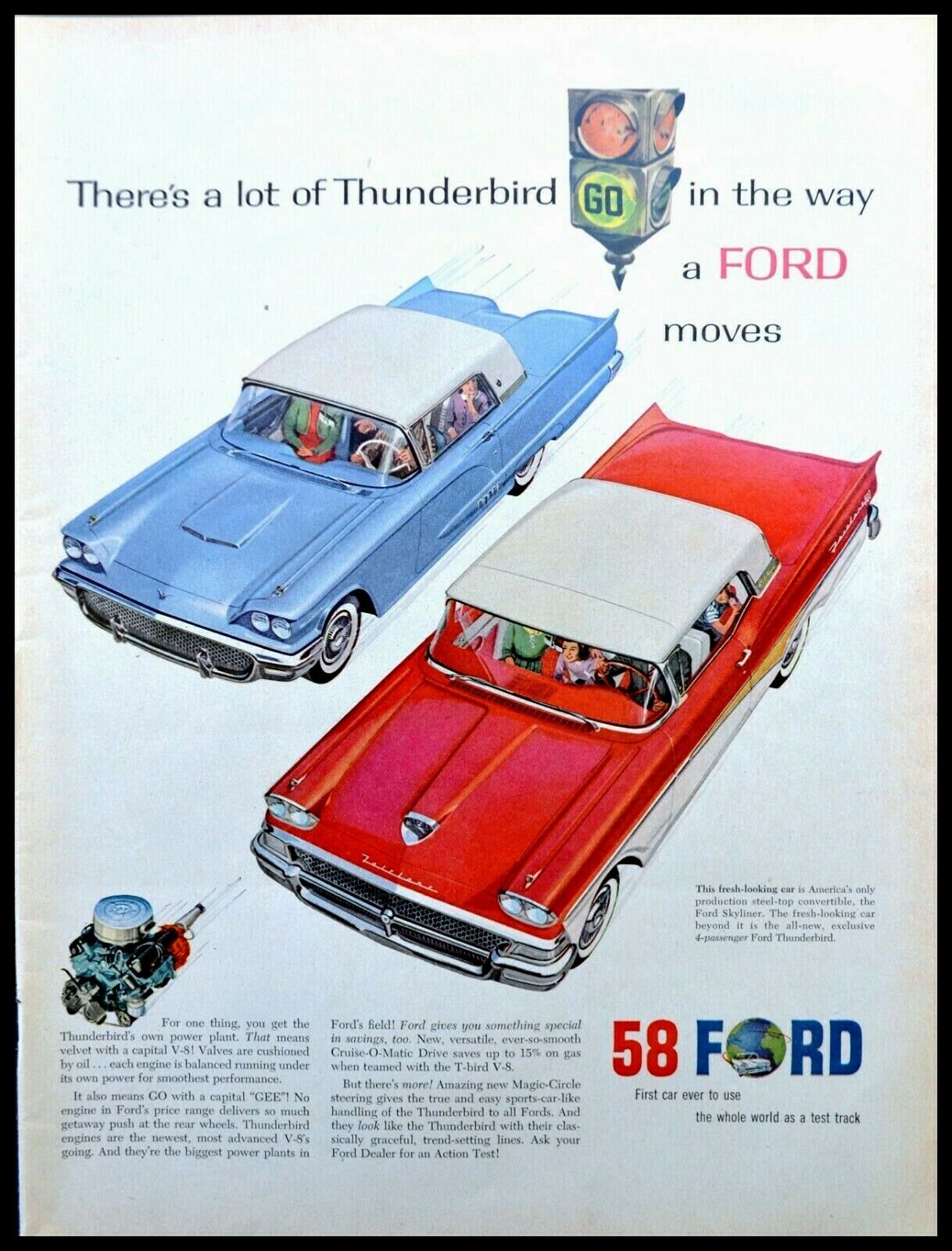 1958 PRINT AD~FORD AUTO CAR SKYLARK & THUNDERBIRD RED & BABY BLUE V-8