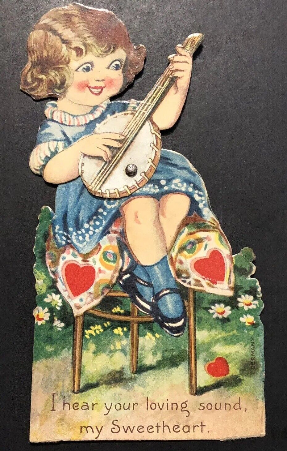 Vtg Valentine Card Girl Playing Banjo I Hear Your Loving Sound My Sweetheart