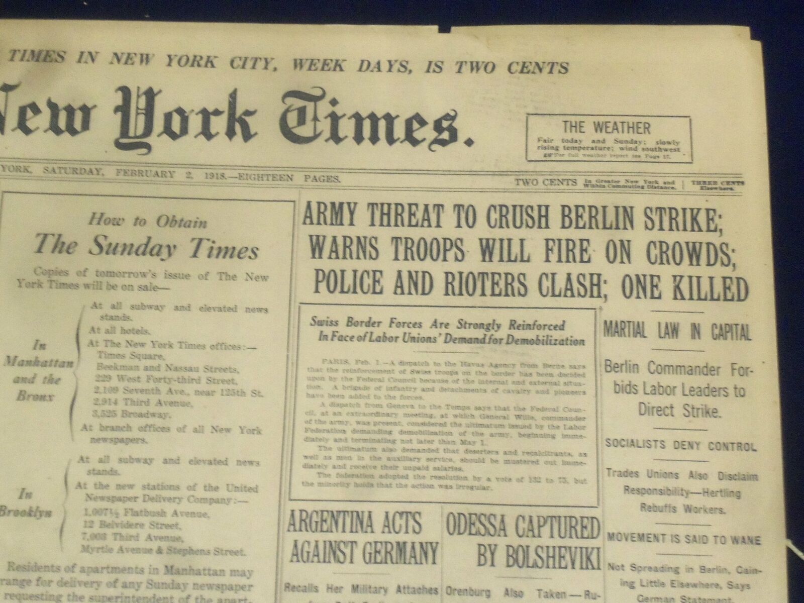 1918 FEBRUARY 2 NEW YORK TIMES - ARMY THREAT TO CRUSH BERLIN STRIKE - NT 8228