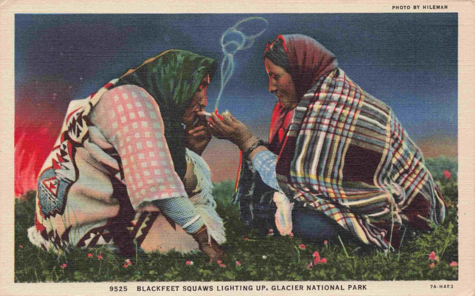 1937 Native American Women Smoking, Blackfeet by Hileman Vintage Linen Postcard