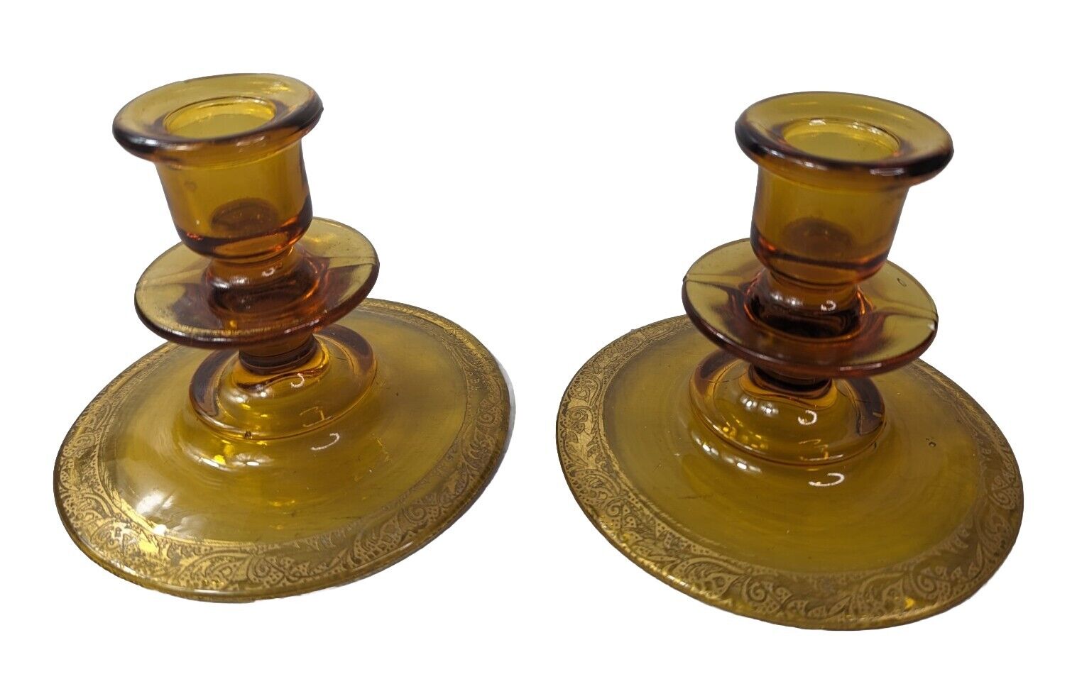 Vintage Pair of Matching Depression Era Glass Amber Candlestick Holders