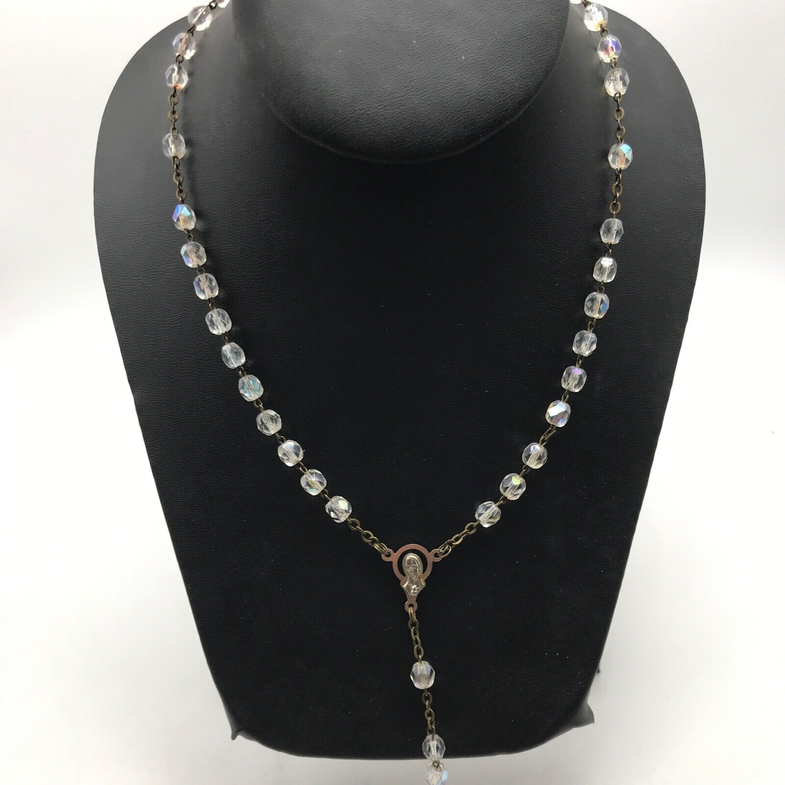 Vintage Clear AB Aurora Borealis Crystal Silver Tone Chain Rosary Beads