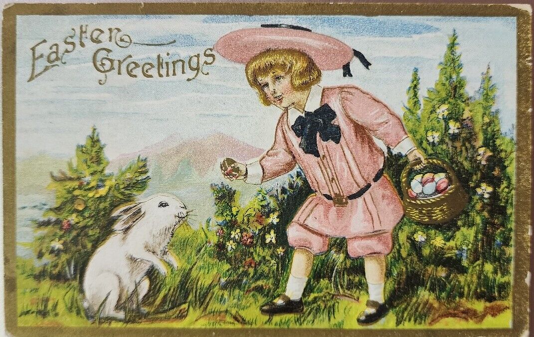 Easter Greetings, Child With Easter Basket & Rabbit, 1908 Vintage Postcard 