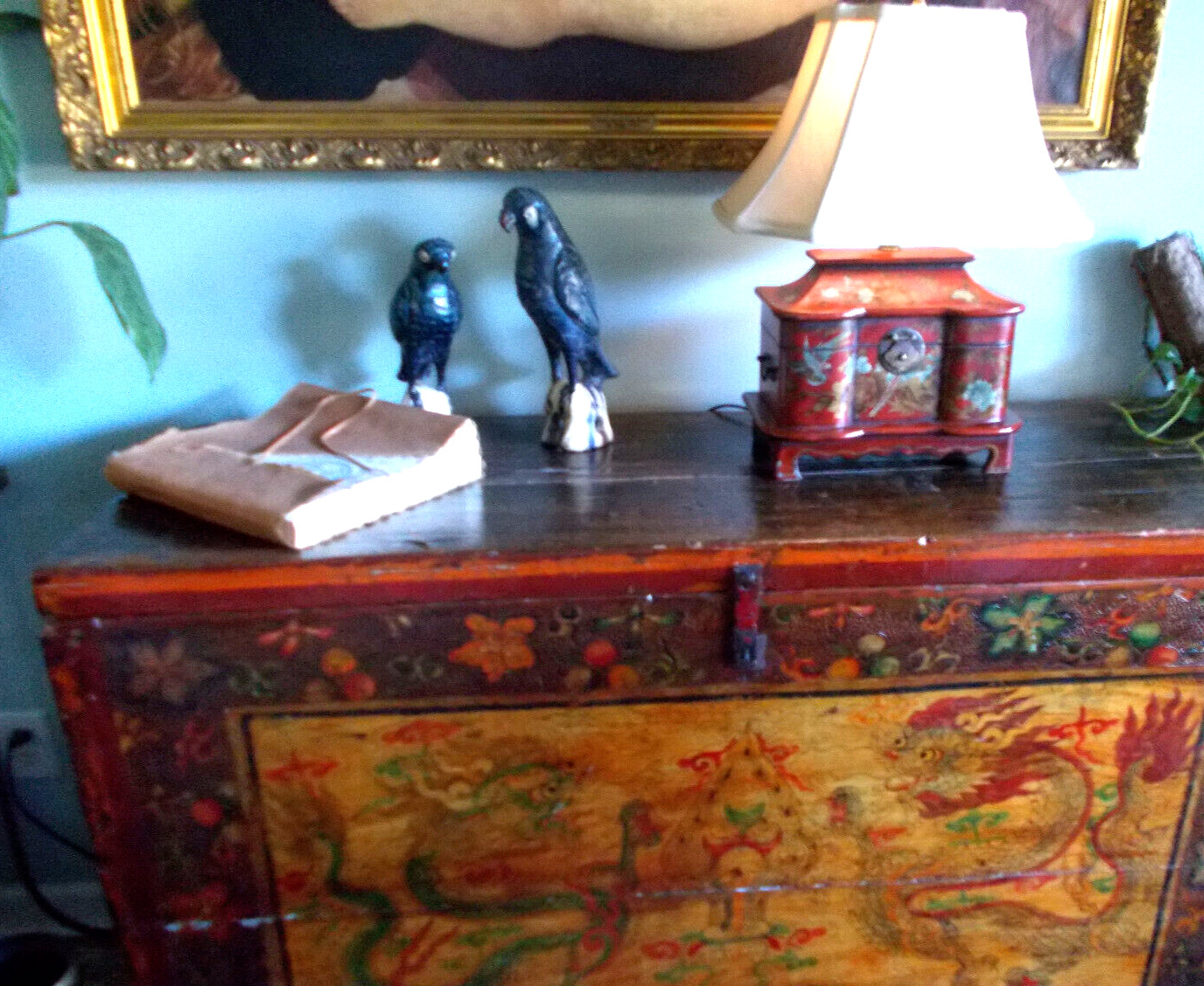 Vintage Chinese Chinoiserie Lacquer Bird Floral Red Wood Lamp Handpainted Chest