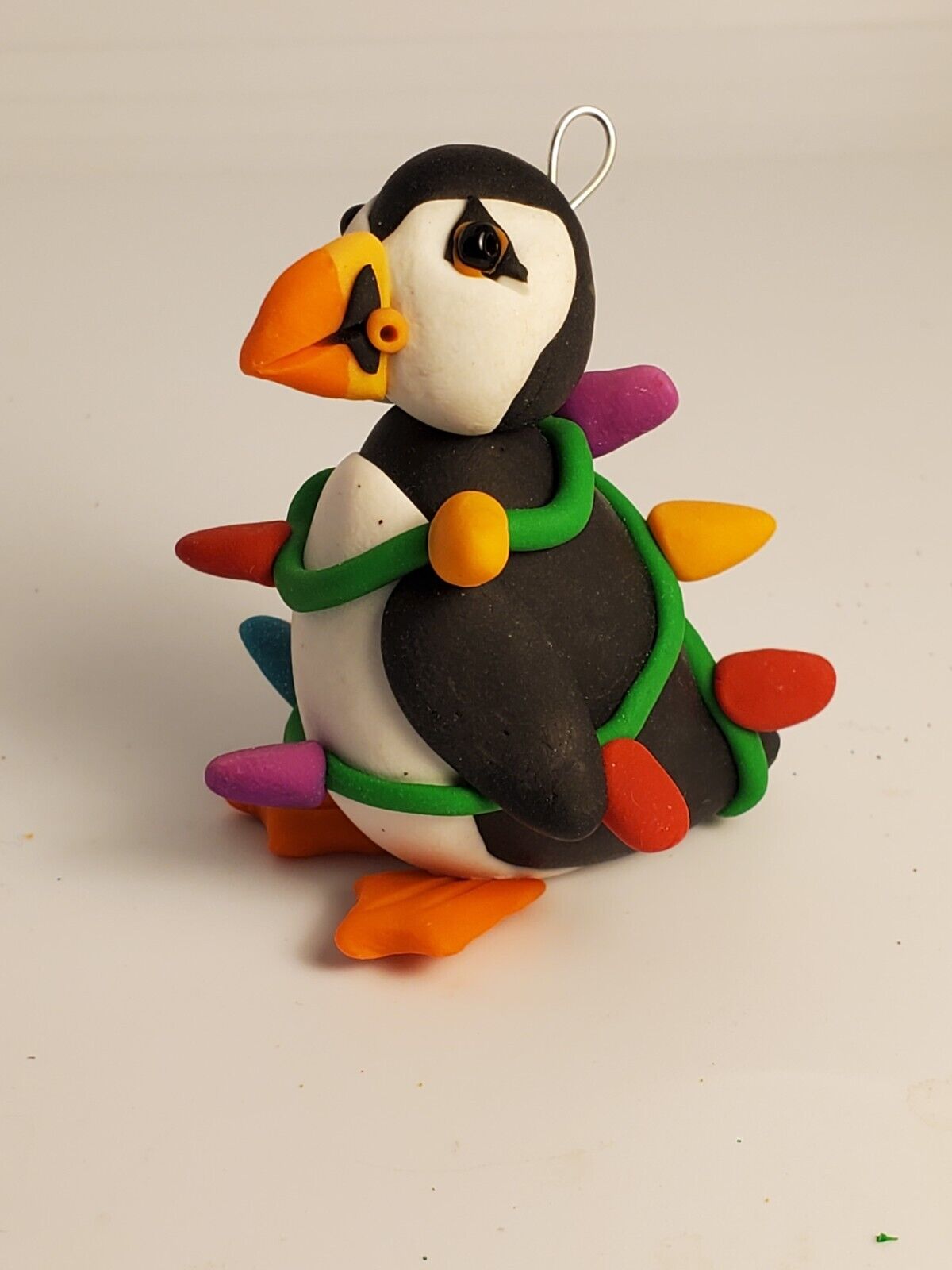 PUFFIN Christmas Ornament TANGLED IN LIGHTS HAND MADE polymer clay