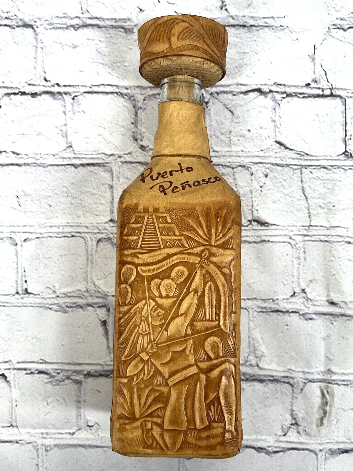 vintage Puert Penasco Mayan tooled leather decanter bottle collectable