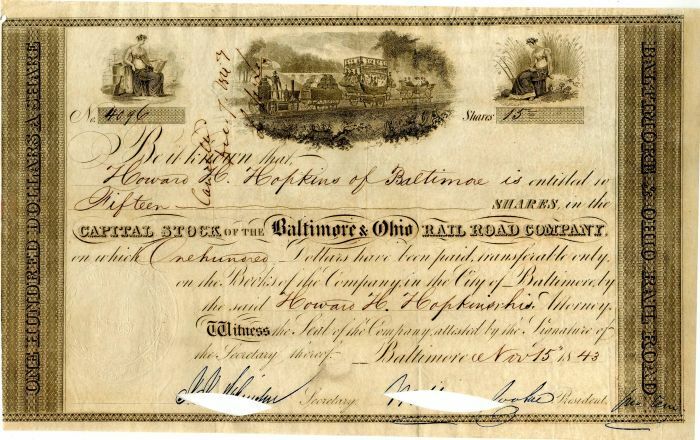 Baltimore and Ohio Rail Road Co. Issued to Howard H. Hopkins - Stock Certificate