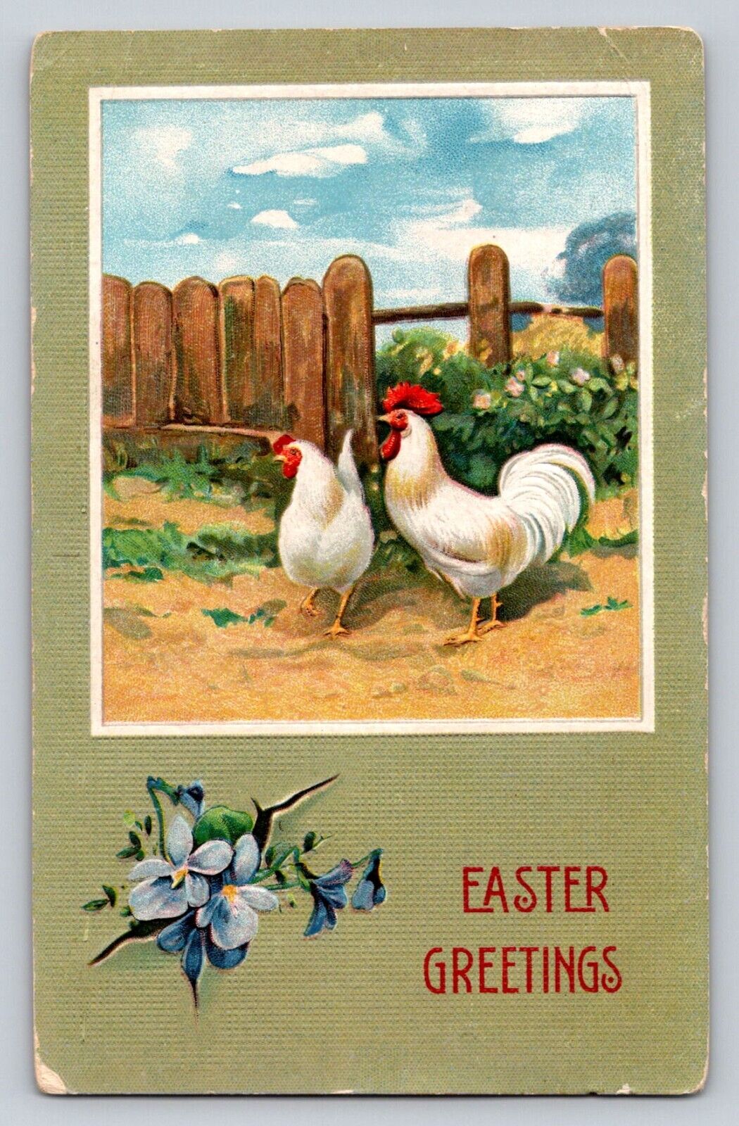 c1910 Chickens Fence Forgt Me Nots Greetings Easter P507A