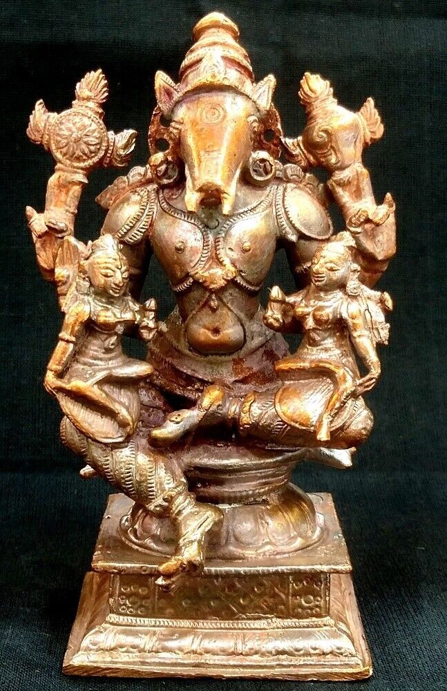 Lord Varaha With Sridevi and Bhudevi / Laxmi Bhu Varaha in Pure Solid Copper