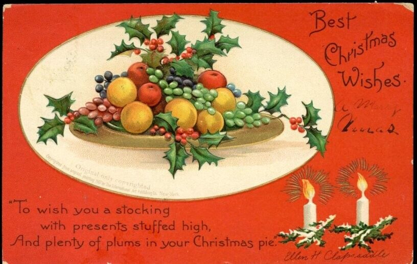 Antique Postcard Best Christmas Wishes Plums Xmas Pie Clapsaddle Undivided 1907