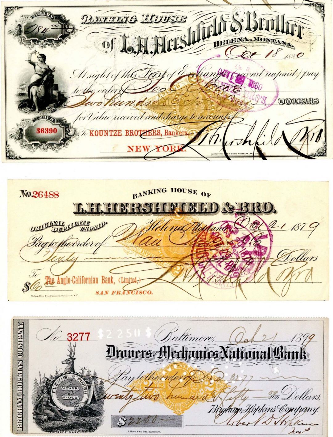 Group of 5 Different Checks with Revenues - Check - Checks with Revenue Stamps