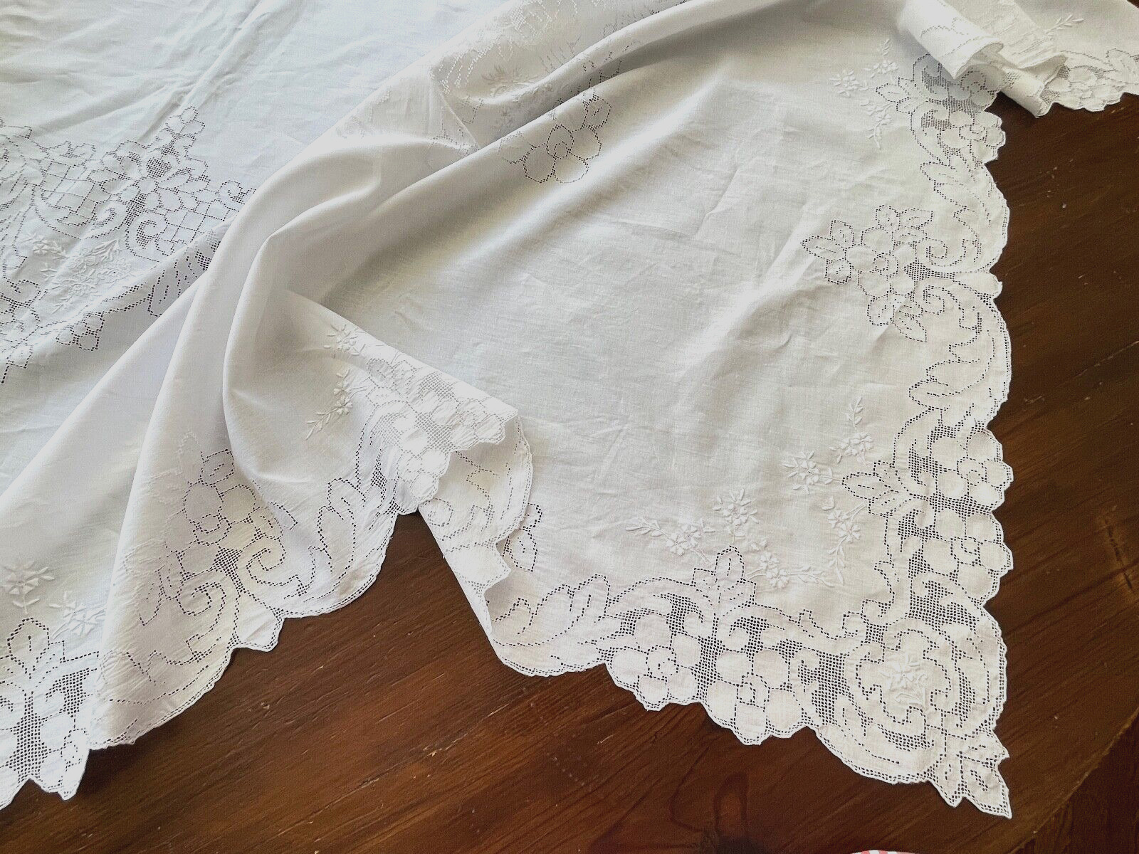 Vintage Crisp Linen Handmade Drawn Work Banquet Tablecloth & 12 XL Napkins YY521