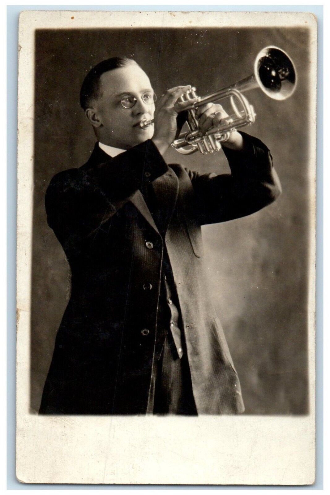 c1910's Trumpet Musician Studio Portrait RPPC Photo Unposted Antique Postcard
