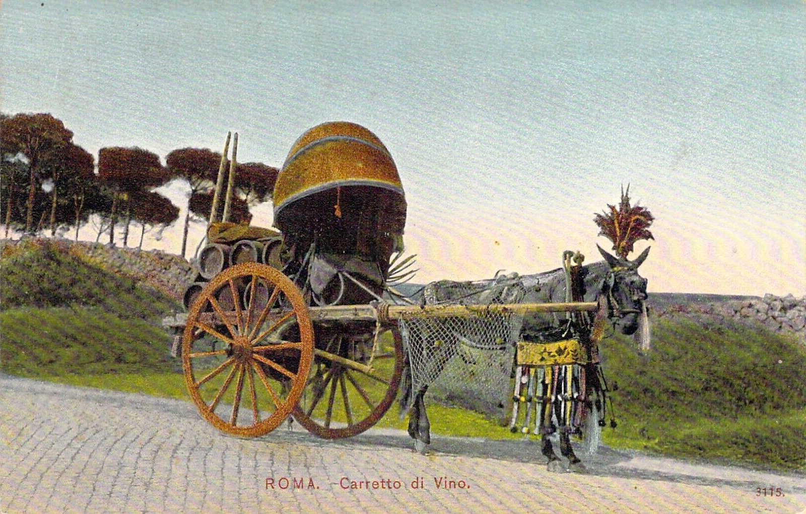 Roma Rome, Italy. Carretto di Vino (Wine). Postcard. Horse Drawn 2 Wheel Cart