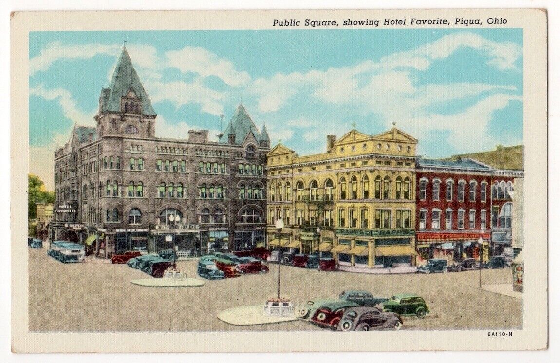 Piqua Ohio c1940\'s Public Square, Hotel Favorite, business district, old cars