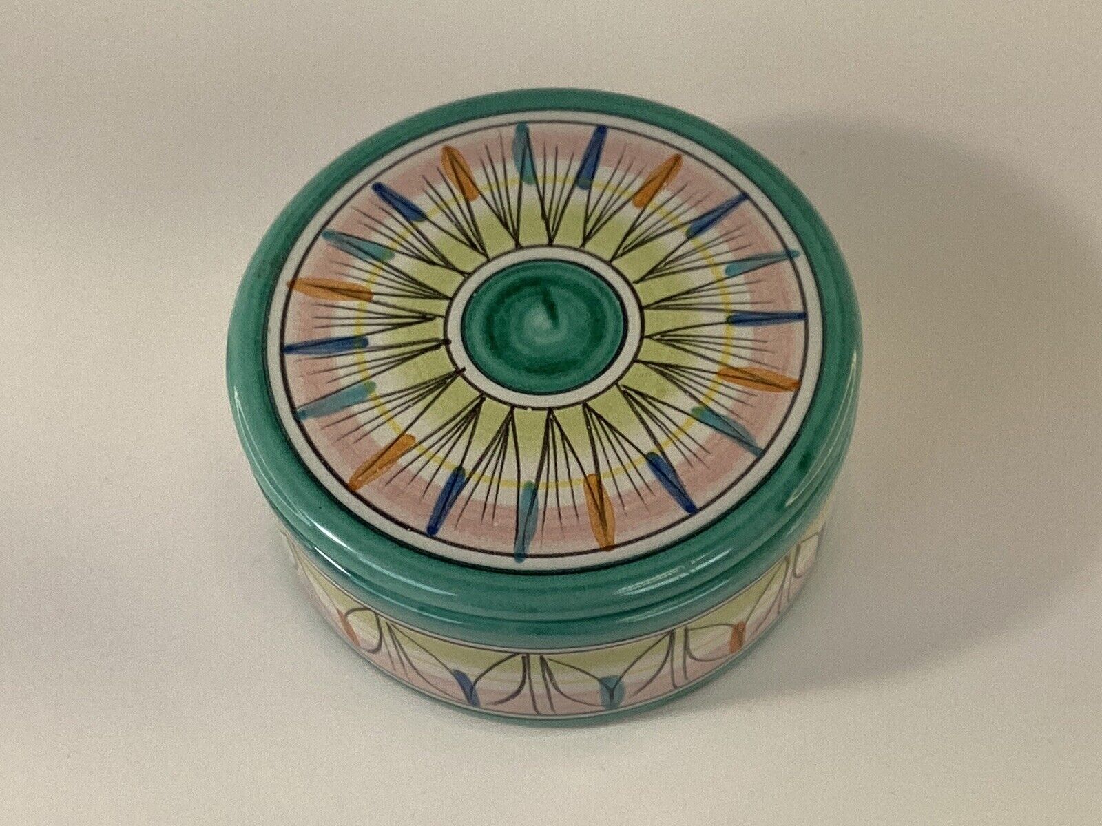 Handpainted round ceramic sun trinket jewelry box with lid