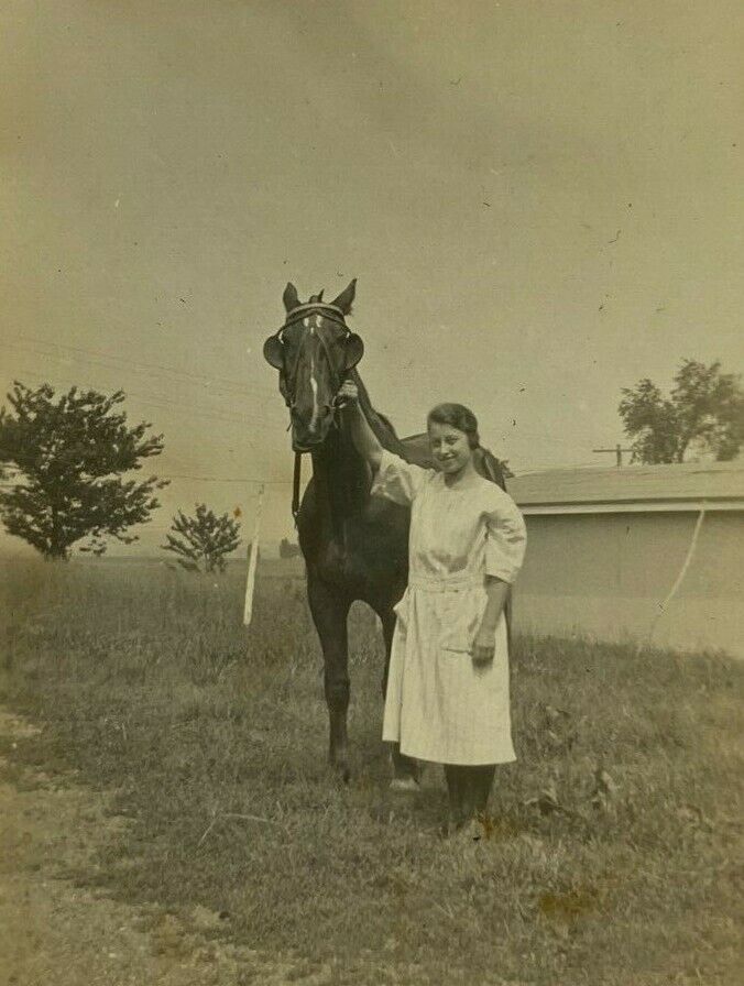 Young Woman Holding Bridle Of Horse B&W Photograph 2.5 x 4.25
