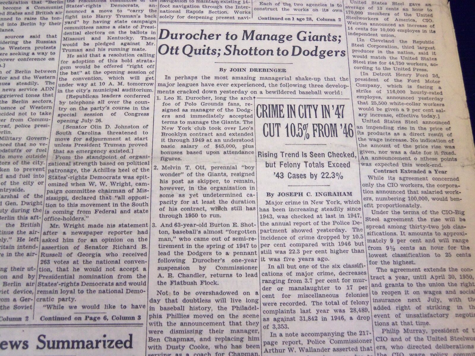 1948 JULY 17 NEW YORK TIMES - DUROCHER TO MANAGE GIANTS OTT QUITS - NT 3767