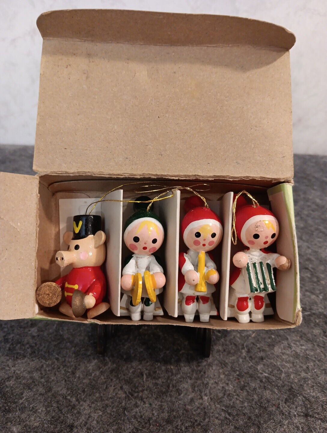 Vintage Trim A Tree Wooden Ornaments Musical Kids Set of 4 1976 Original Box
