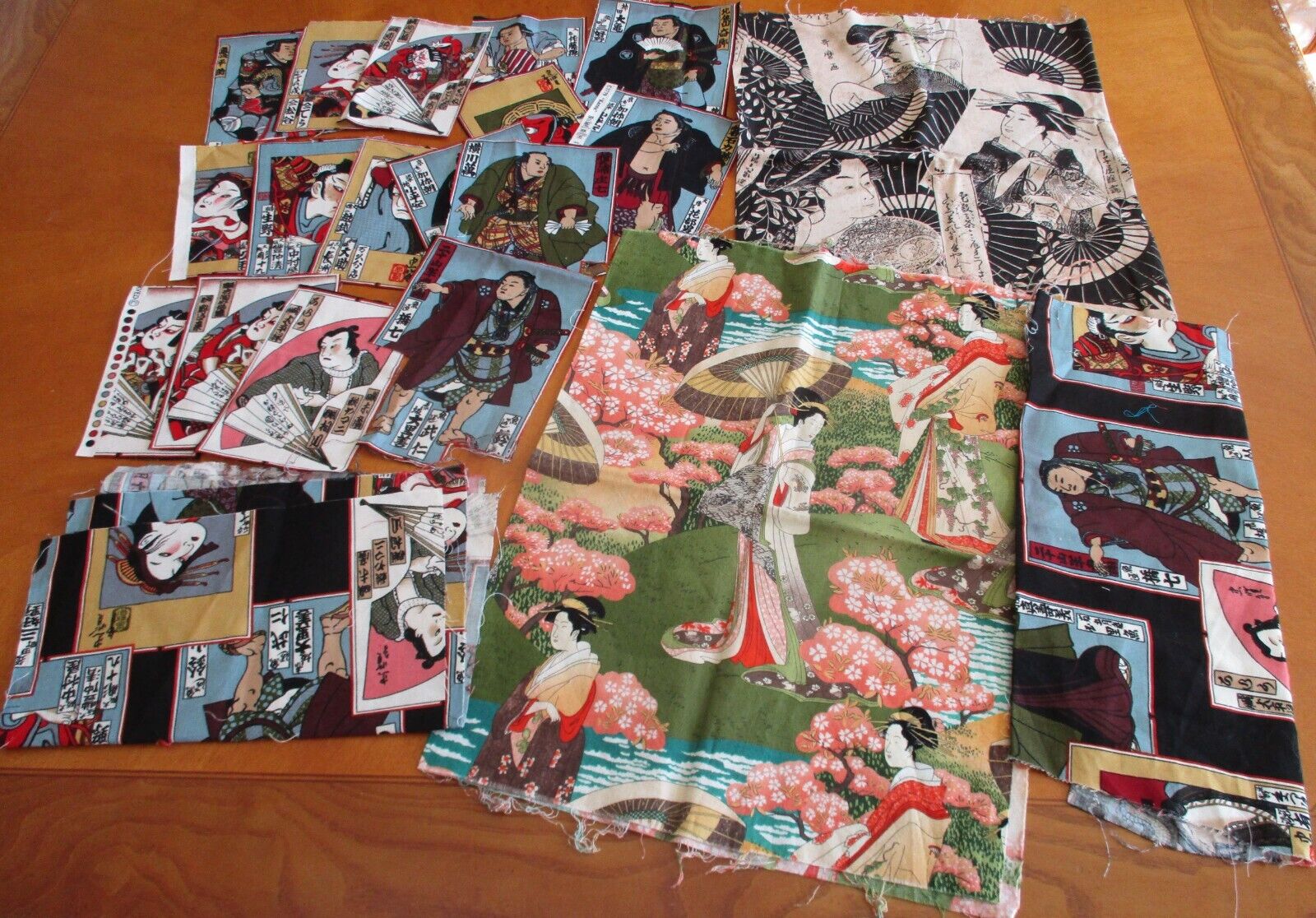 Vintage Karuta Cards fabric scraps Japanese scenes crafts junk journal scrapbook