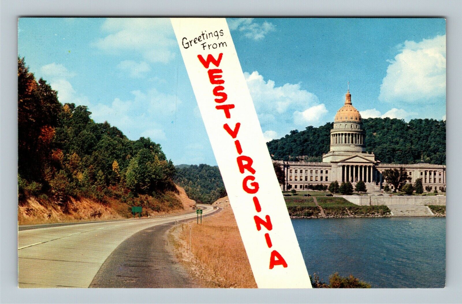 Charleston WV, Banner Greetings, Capitol Building Vintage West Virginia Postcard
