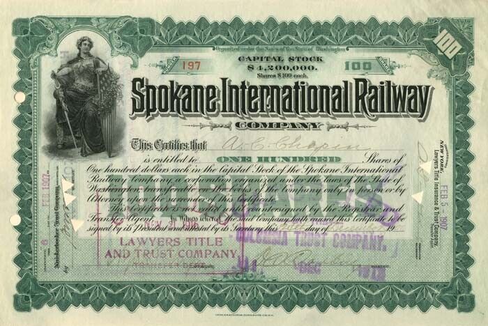 Spokane International Railway - Stock Certificate (Green)