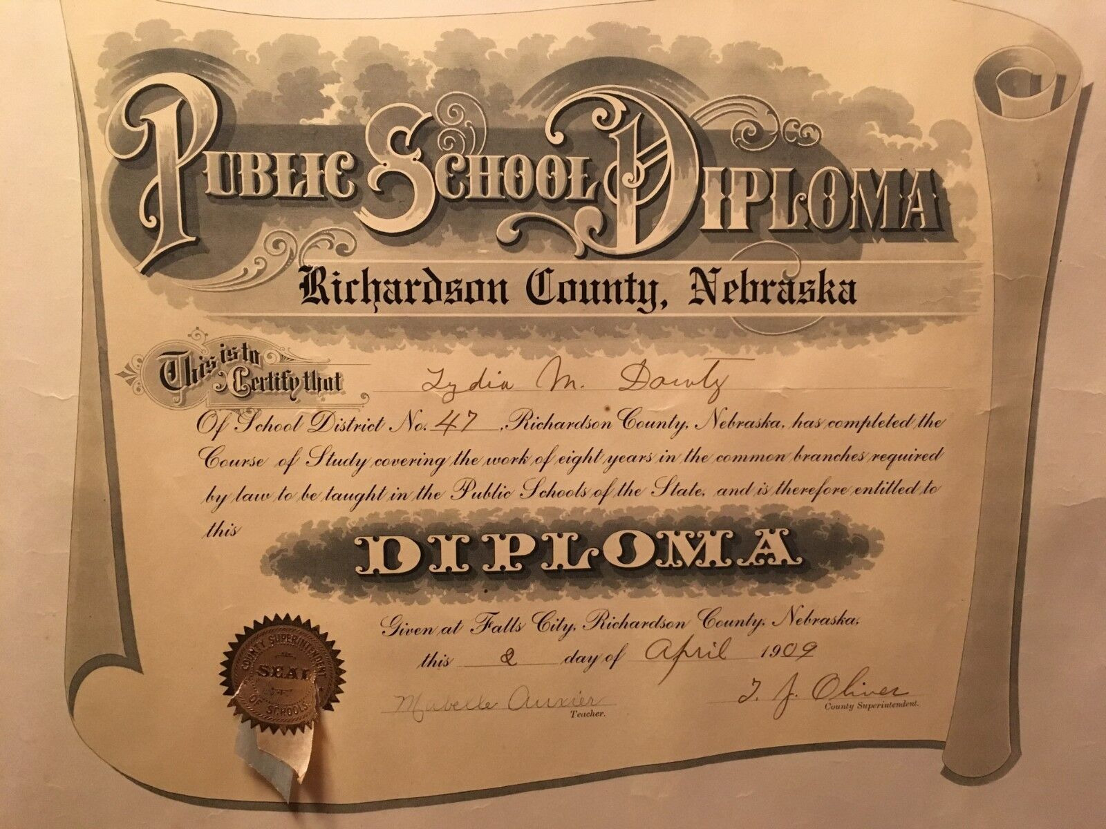 Vintage 8th Grade Diploma, Nebraska 1909