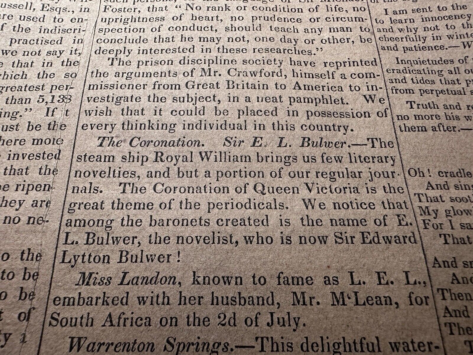 1838 Novelist Edward Bulwer Lytton Coronation Original Newspaper Article