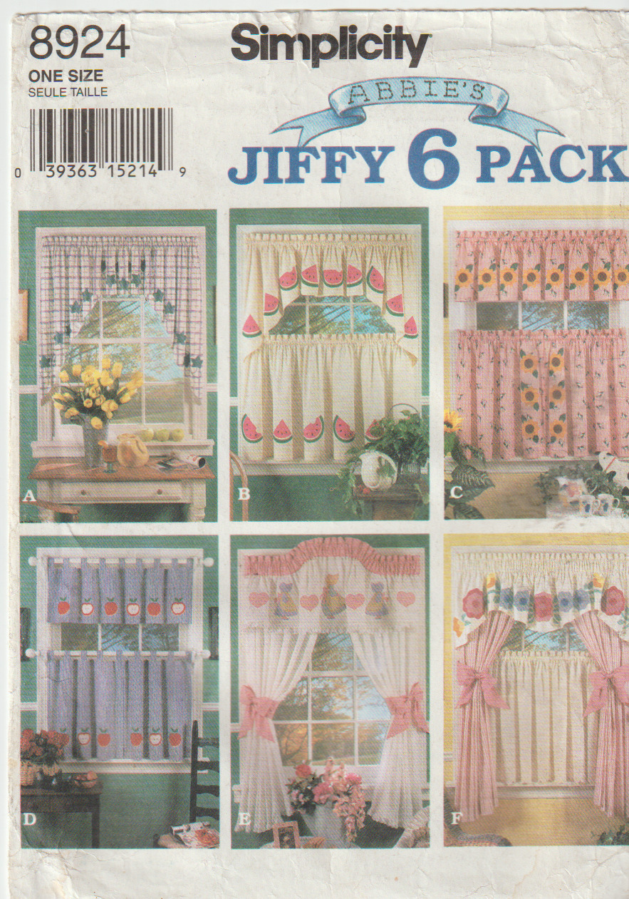 Simplicity Pattern 8924  ©1994 Jiffy 6 Pack Appliqued Window Curtains