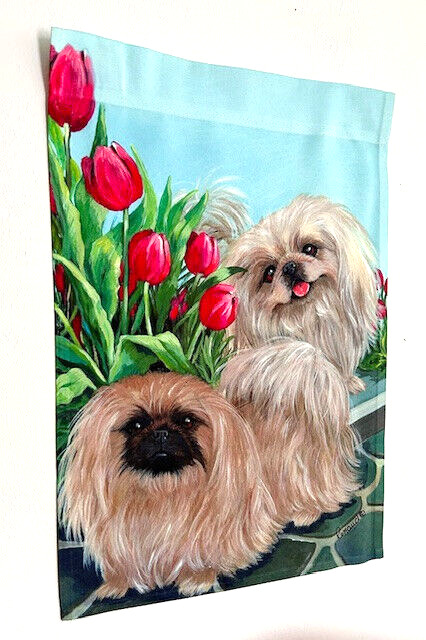 Pekingese Dog Garden Flag ~ Pekes & Tulips ~  