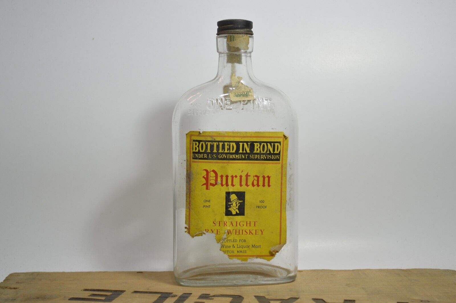 Puritan Straight Rye Whiskey Antique Bottle with Original Label, Boston Mass