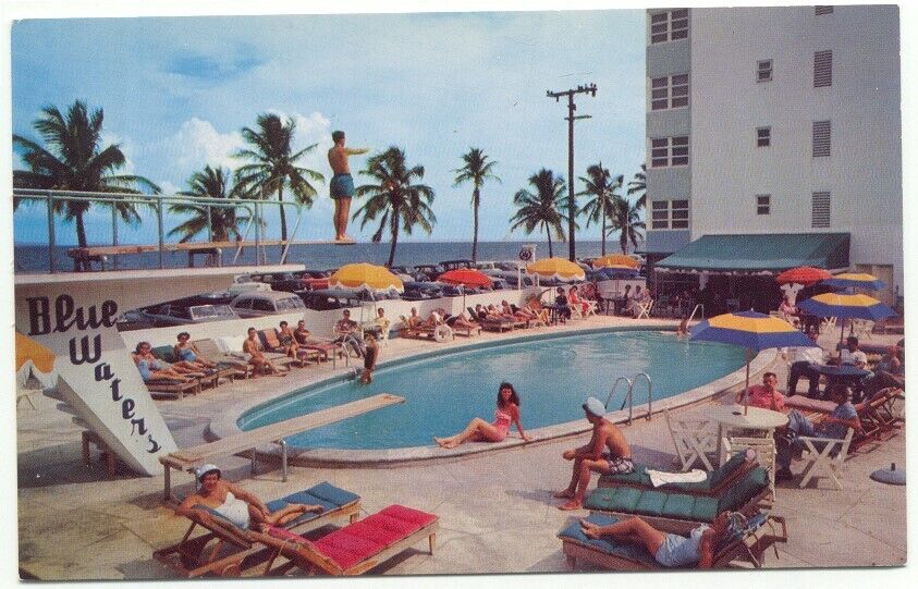 Miami Beach FL Blue Waters Hotel Pool Vintage Postcard Florida