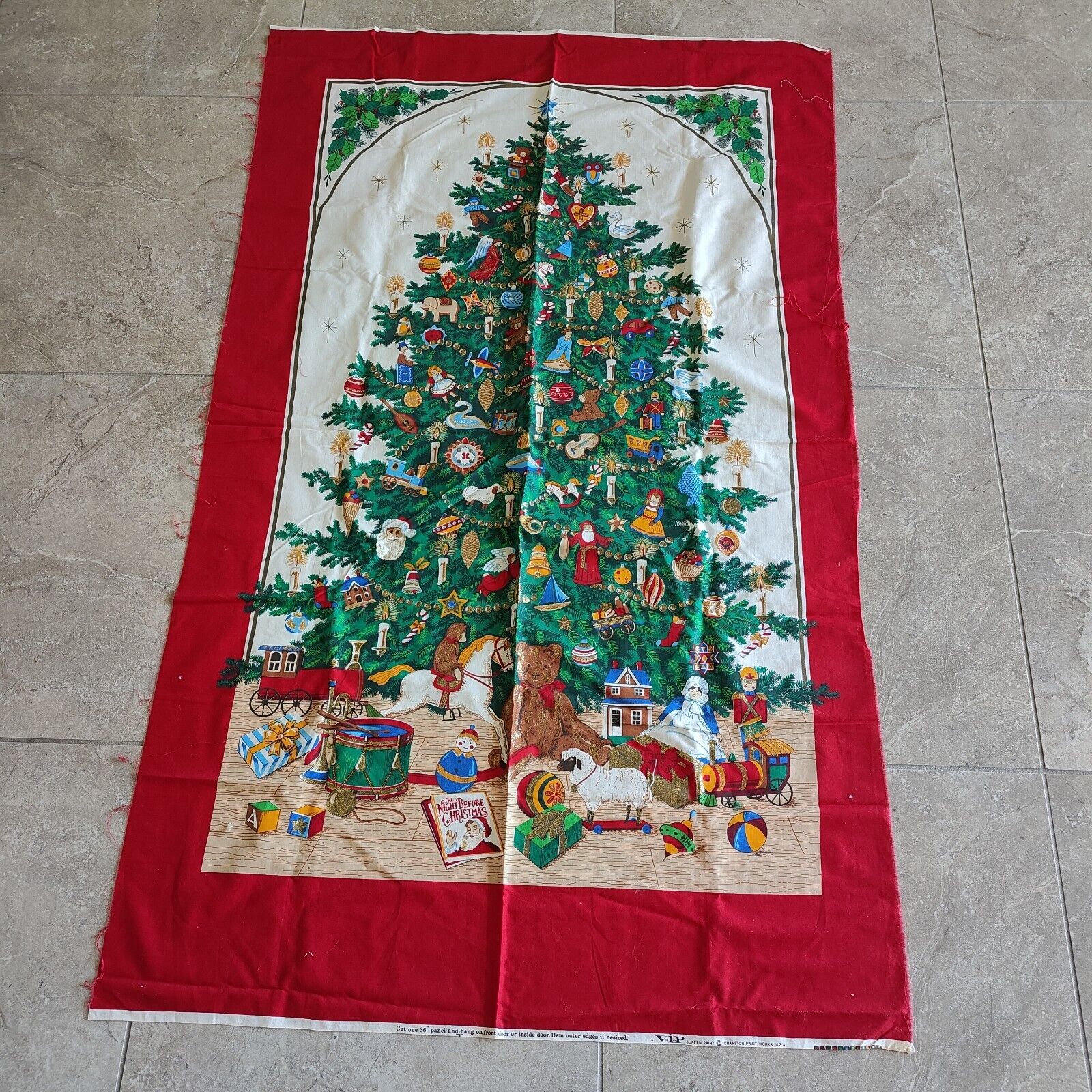 Vintage Cranston Christmas Tree Toys Fabric Panel Jumbo Wall Door Hanging 35x57
