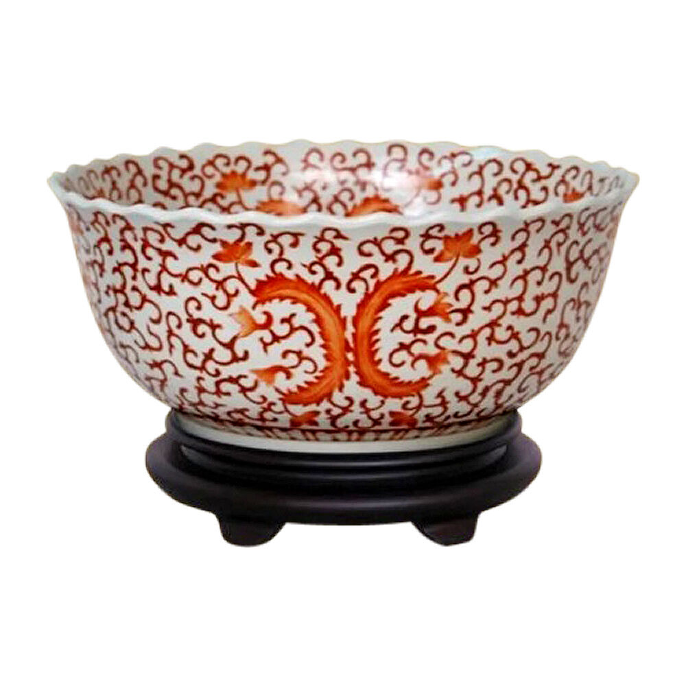 Chinese Orange and White Floral Porcelain Bowl w Base 14\