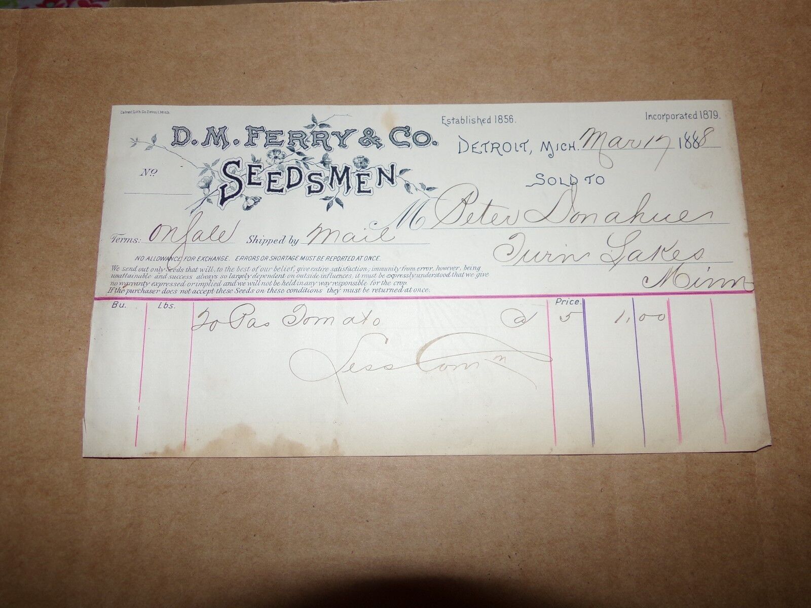 1888 DM Ferry & Co Seedsmen Detroit Michigan Letterhead   