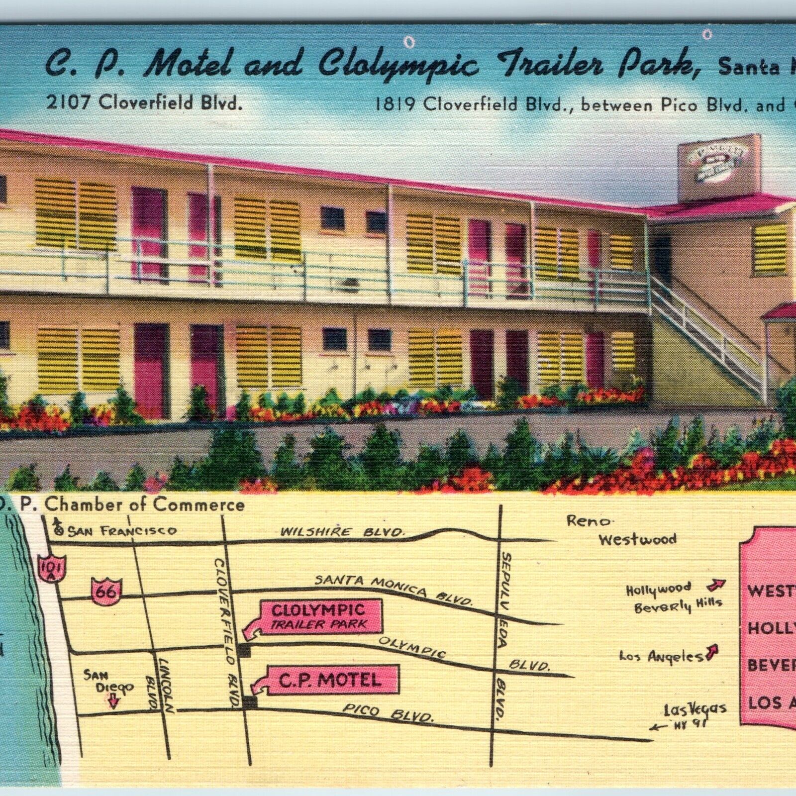 c1950s Santa Monica, CA C.P. Motel Clolympic Trailer Park Map Linen RARE PC A215