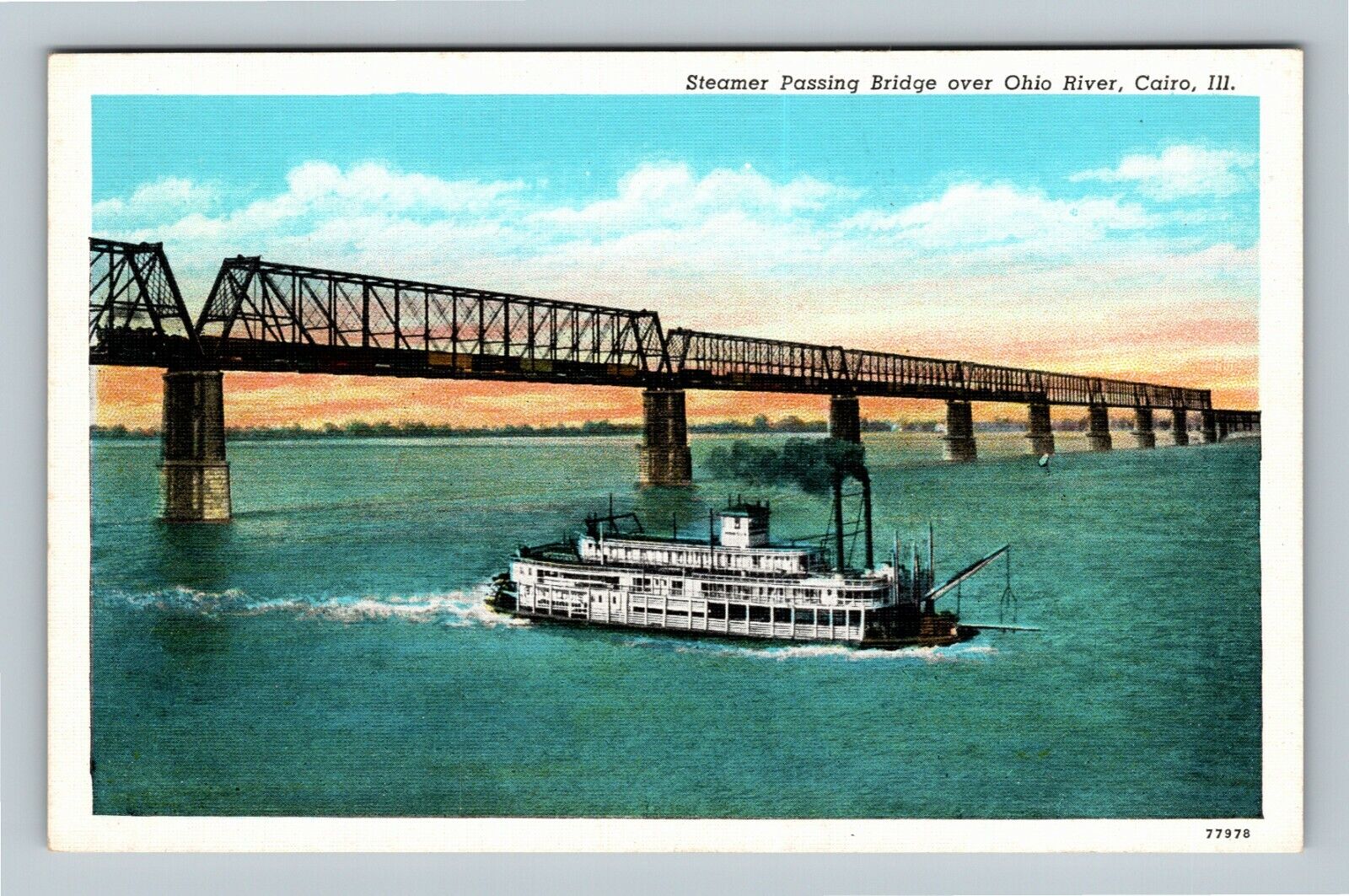 Cairo IL, Steamer Passing Bridge Over Ohio River, Illinois Vintage Postcard