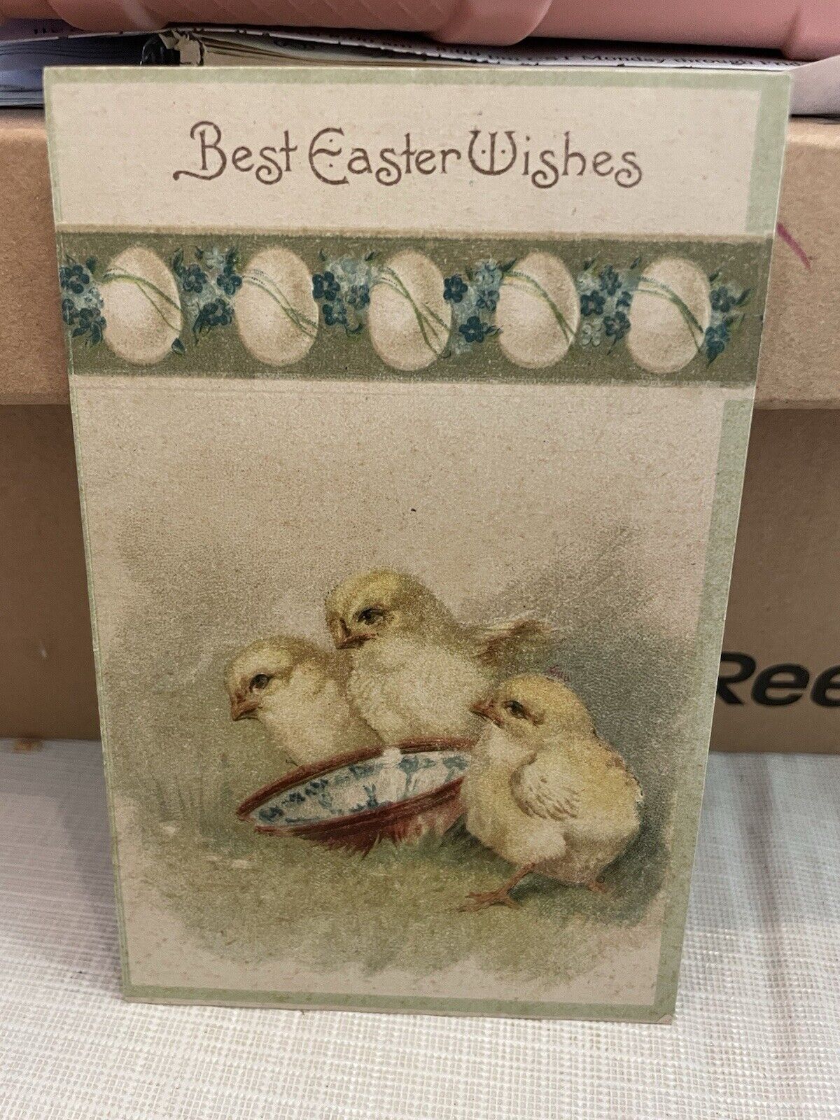 Vtg Postcard Embossed Best Easter Wishes Chicks & Dish
