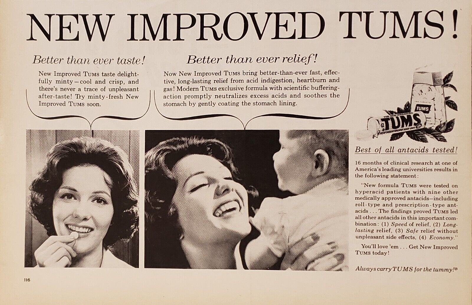 1963 Tums Antacid Minty Fresh Mother Holding Up Cute Baby Print Ad