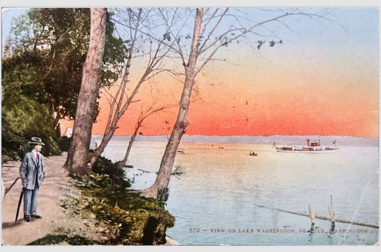 Dapper Man View On Lake Washington Seattle Washington 1910 Vintage Postcard