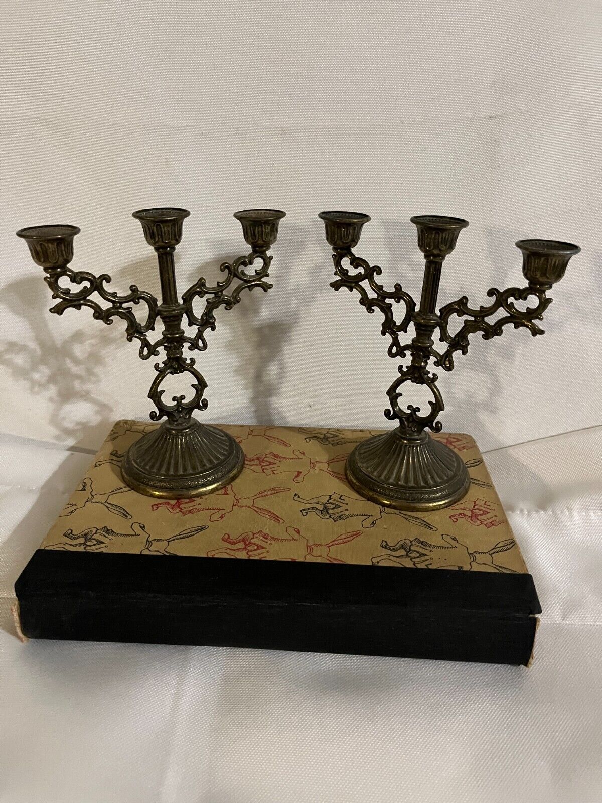 Set of 2 Vintage Brass Candlestick Holders, 3 Arm Candlestick Holder, Italy