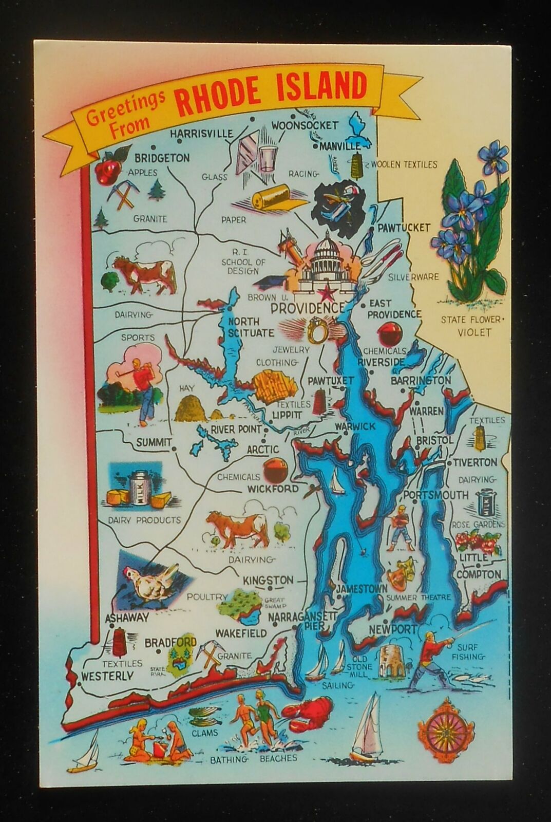 1950s State Map Icons Landmarks 1950 Population RI Postcard Rhode Island