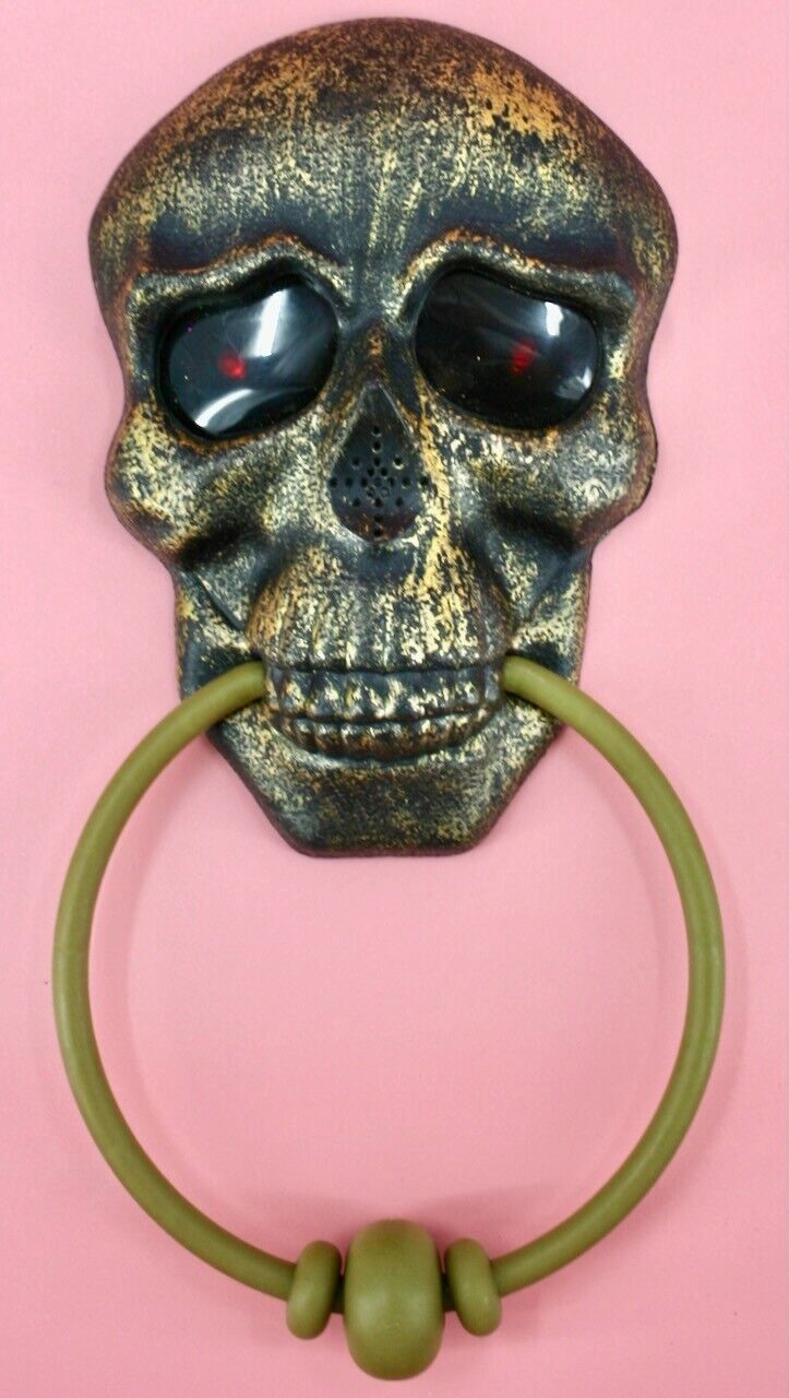 Halloween Skull Door Knocker LIGHTS UP & TALKS Door Decor Red Eyes Skeleton Goth